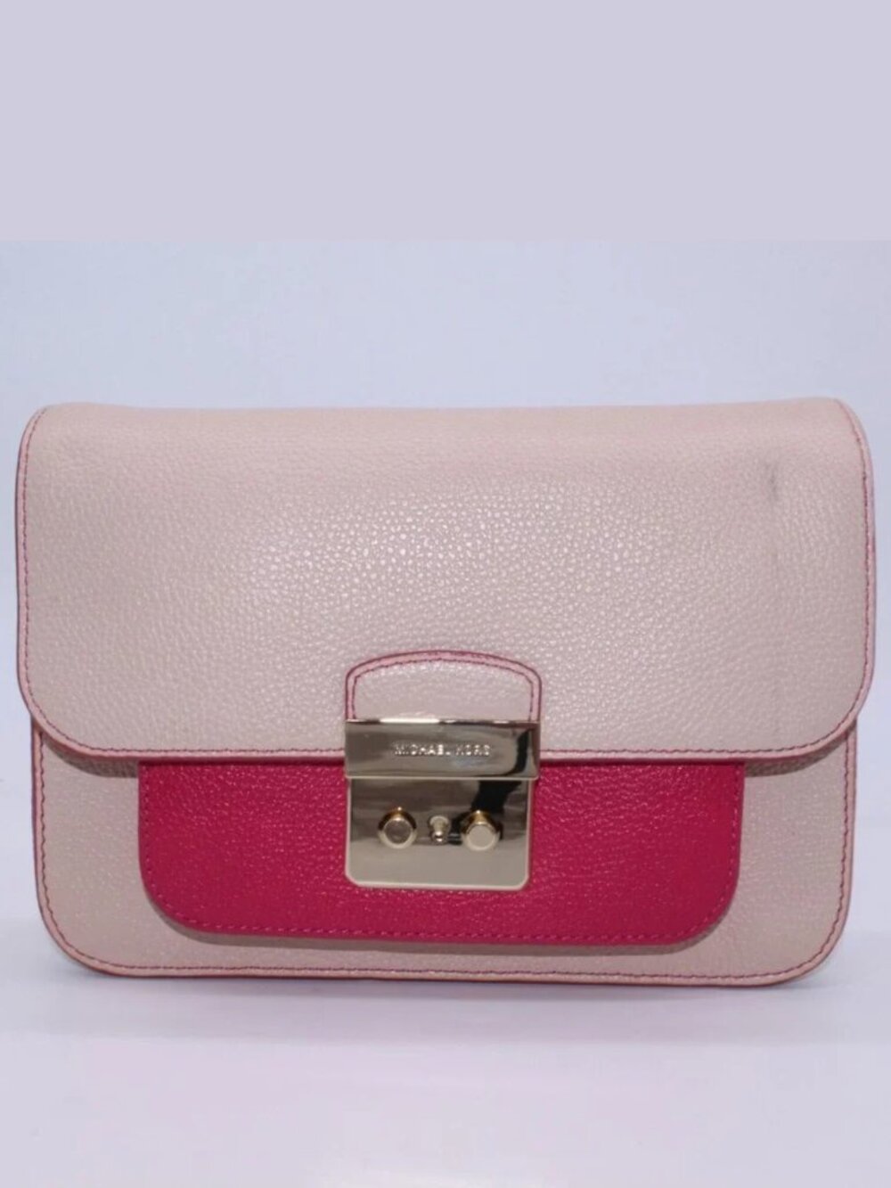 Michael Kors Shoulder Bag Purse Logo Satchel Pink Light Gray Pebble Leather New